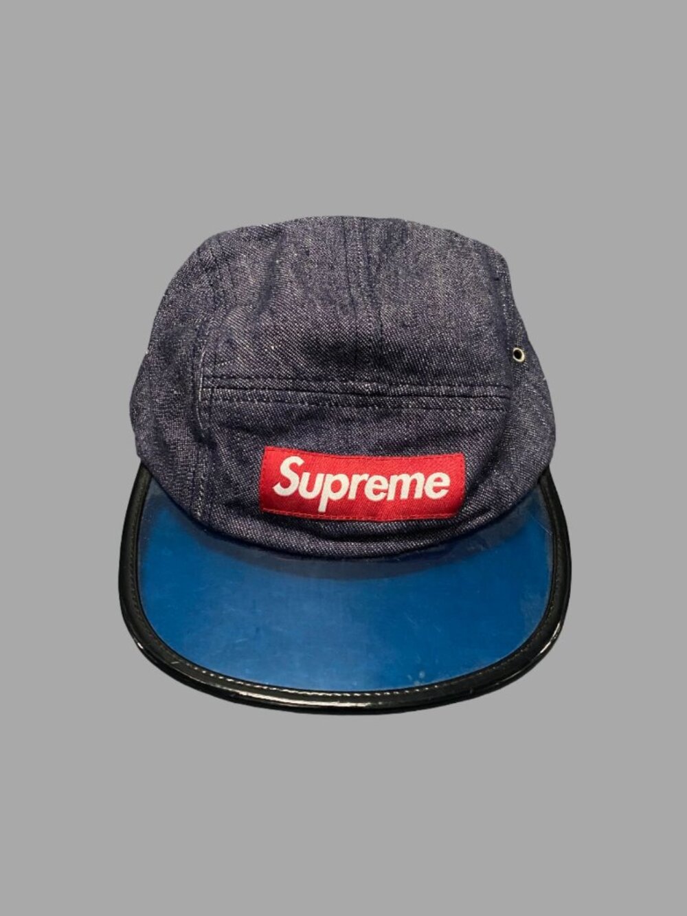 SUPREME SS14 Blue Angler Camp Transparent PVC Visor Red Box Logo Denim Cap